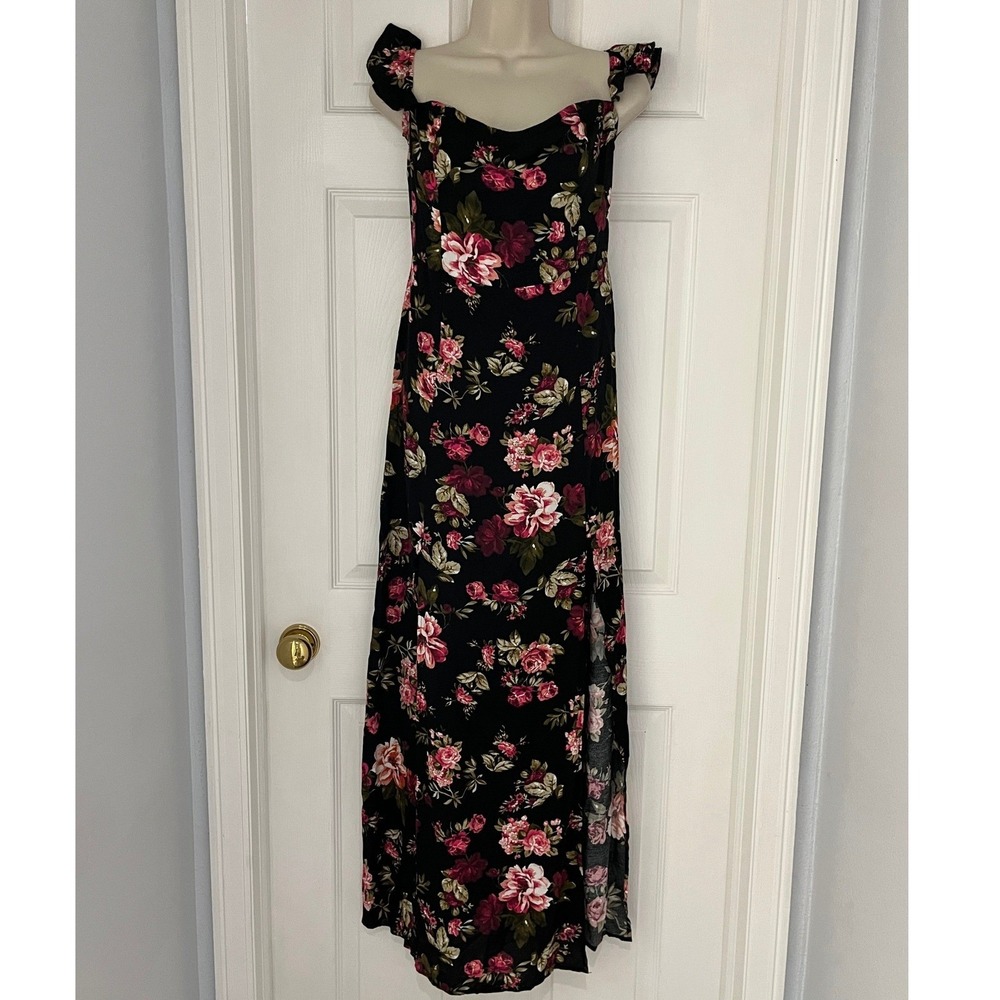 Floral‎ Rose Maxi Dress Blk Sweetheart Neck Ruffle Sleeve Dual Slit Smocked Sz M